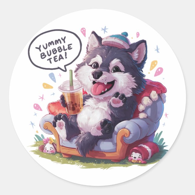 Sticker Rond Loup de dessin adorable : Cosy, Kawaii Vibes (Devant)
