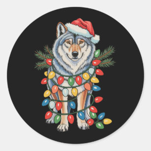 Sticker Rond Loup de Noël Santa Hat Noël Lumières Amoureux des 
