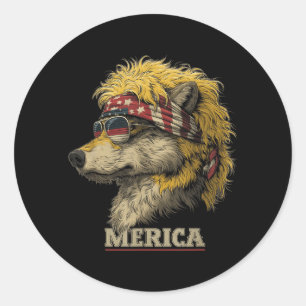 Sticker Rond Loup - Drôle du 4 juillet Drapeau américain Fête d