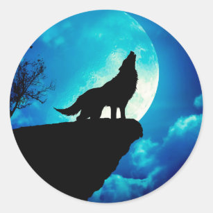 Sticker Rond Loup en silhouette hurlant à la pleine lune