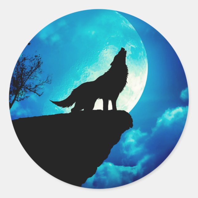 Sticker Rond Loup en silhouette hurlant à la pleine lune (Devant)