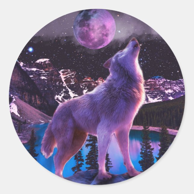 Sticker Rond Loup gris hurlant dans la forêt (Devant)