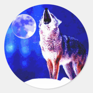 Sticker Rond Loup hurlant à la lune