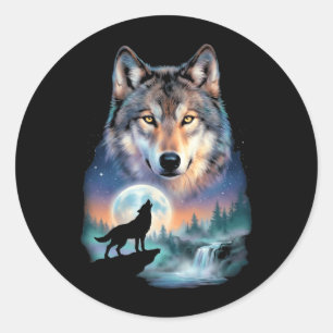 Sticker Rond Loup hurlant à la lune sous beau loup