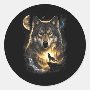 Sticker Rond Loup hurlant à la lune Vintage 90s Rétro Animal