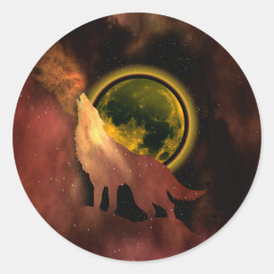 STICKER ROND LOUP HURLANT DANS LA GALAXIE DE LA LUNE SPATIALE  