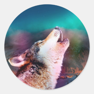 Sticker Rond Loup hurlant dans les montagnes