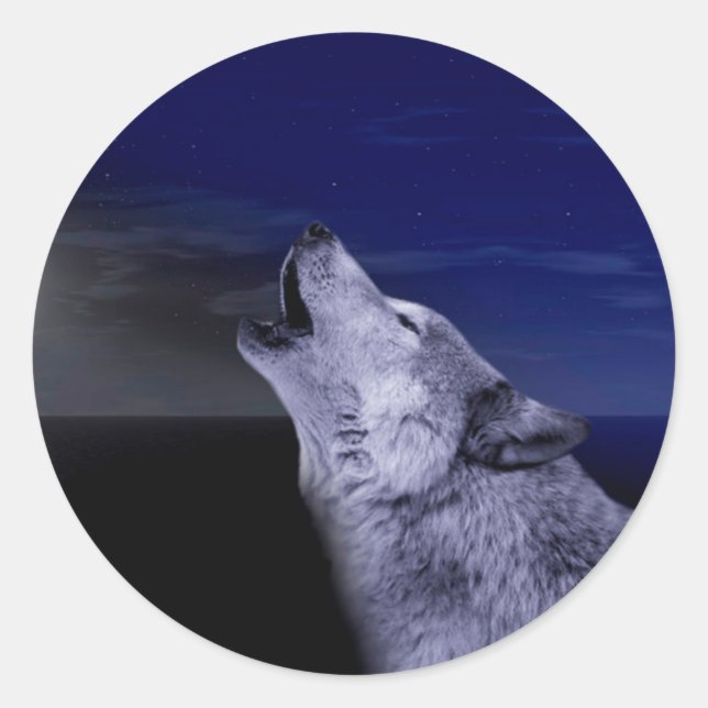 Sticker Rond Loup hurlant sur la lune dans la mer (Devant)