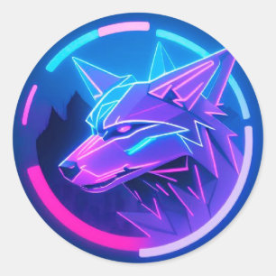 Sticker Rond Loup Néon Géométrique Cyber Nuit Futuriste Lumines