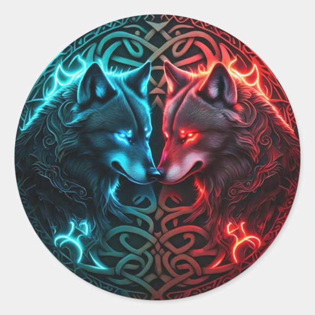 Sticker rond Loup rouge et bleu celtique (Devant)