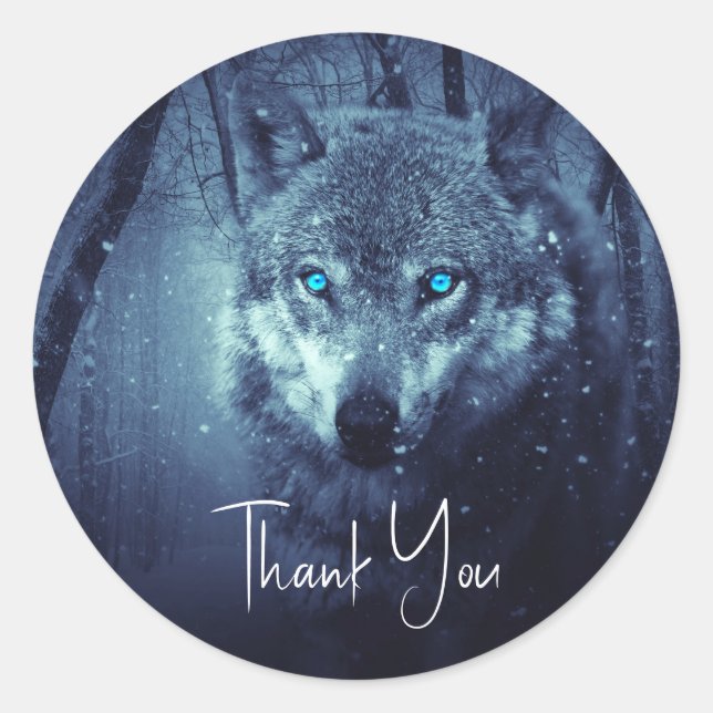 Sticker Rond Loup sauvage avec de beaux yeux bleus Merci (Devant)