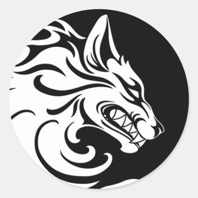 Sticker Rond Loup tribal blanc et noir agressif (Devant)