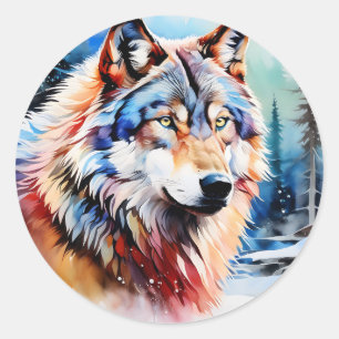 Sticker Rond Loup vibrant en neige