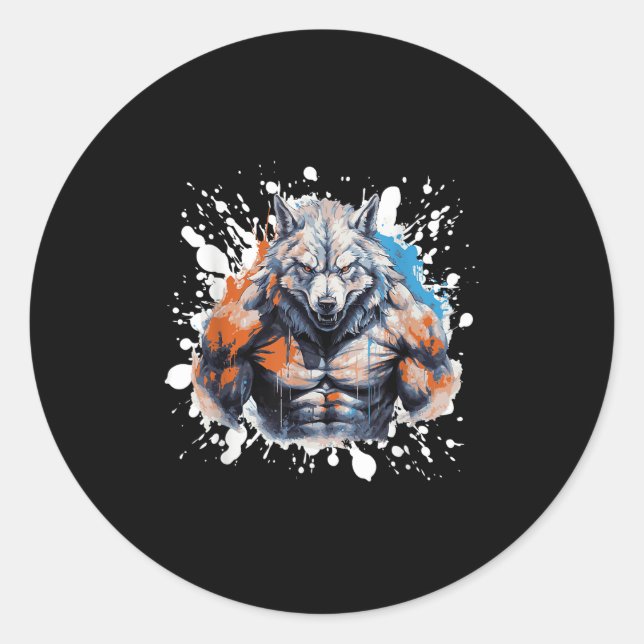 Sticker Rond Loup Workout Gym Fighter Bodybuilder  (Devant)