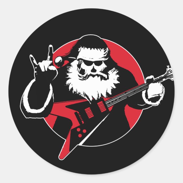 Sticker Rond Lourd métal Santa Claus Jouer de la guitare (Devant)