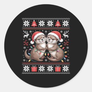 Sticker Rond Loutre Noël Xmas Lumières Famille Tenue Correspond