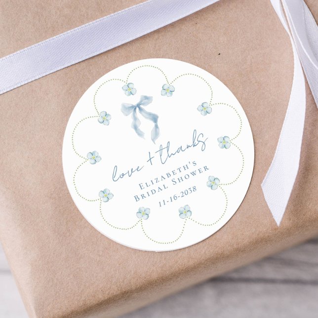 Sticker Rond Love And Thanks Blue Bow Bridal Shower Thank You (Love And Thanks Blue Bow Bridal Shower Thank You Classic Round Sticker)