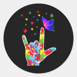 Sticker Rond Love ASL Signal Langue Puzzle Papillon Autisme Awa