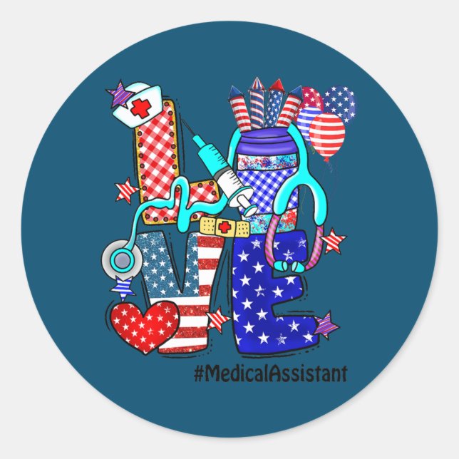 Sticker Rond LOVE Assistant Médicale Stethoscope Fireworks USA (Devant)