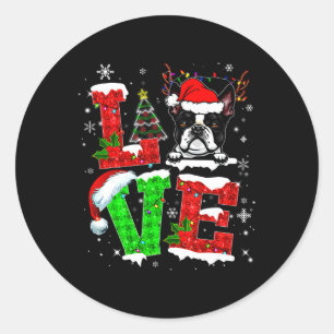 Sticker Rond Love Boston Terrier Santa Hat Noël animal de compa