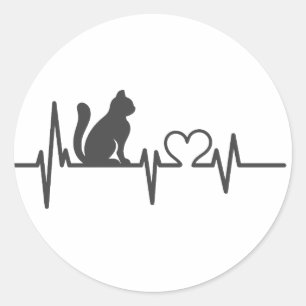 Sticker Rond Love cat cardiogramme - Choisir la couleur arrière