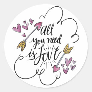 Sticker Rond Love Citation Coeurs Flèches Mariage jaune violet
