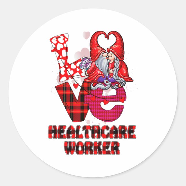 Sticker Rond Love Gnome Healthcare Worker Valentines Day Heart  (Devant)