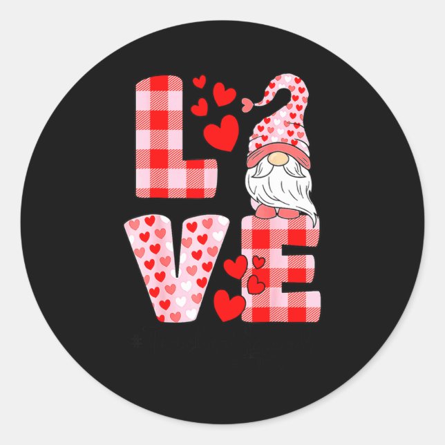 Sticker Rond Love Gnome Valentines Day Red Buffalo Plaid Leopar (Devant)