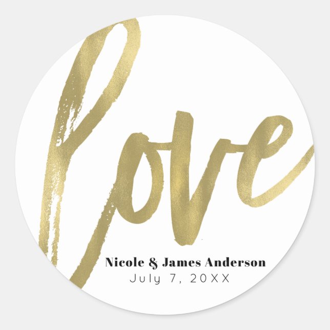 Sticker Rond LOVE Gold Modern Typographie Mariage Faveur (Devant)