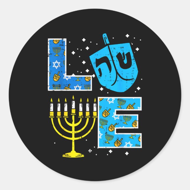 Sticker Rond Love Hanukkah Dreidel Menorah Jewish Chanukah Men  (Devant)