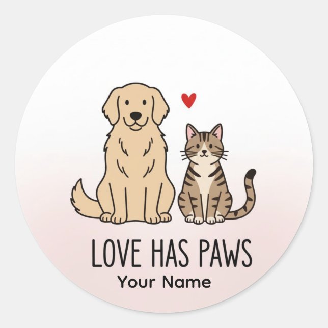 Sticker Rond Love Has Paws | Cute Minimalist Dog and Cat Illust (Devant)