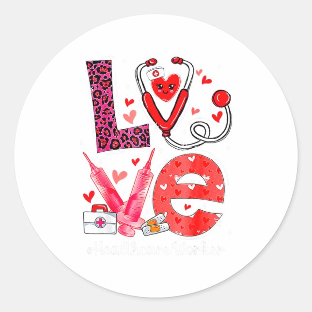 Sticker Rond Love Heart Stethoscope Healthcare Worker Funny Val (Devant)