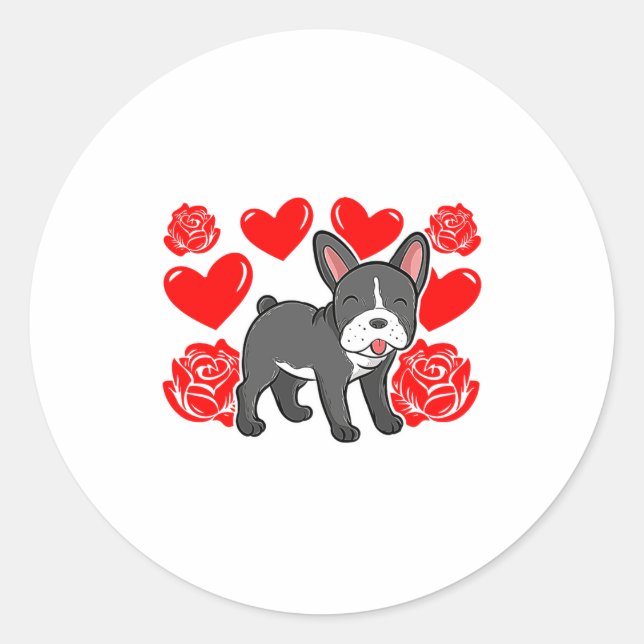 Sticker Rond Love Heart Valentines Day Roses French Bulldog Bo  (Devant)