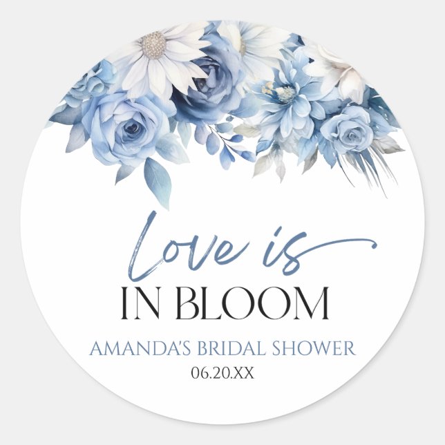 Sticker Rond Love Is In Bloom Bleu Poussiéreux Floral Mariage (Devant)