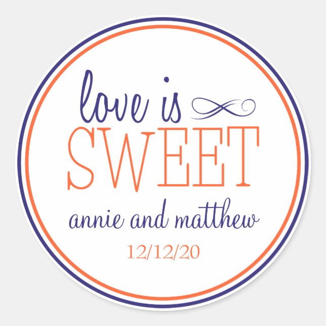 Sticker Rond Love Is Sweet Labels (bleu marine / orange) (Devant)