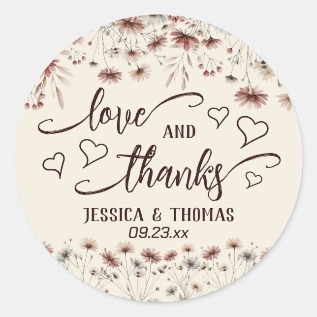 Sticker Rond Love & Merci Boho Fleurs sauvages Mariage Earthton (Devant)