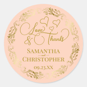 Sticker Rond Love & Merci Elegant Blush Peach & Gold Mariage