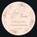 Sticker Rond Love & Merci Elegant Blush Pink & Gold Mariage<br><div class="desc">Ces beaux autocollants rose-rousse sont conçus pour être utilisés comme étiquettes de faveur de mariage, ou comme scellés d'enveloppe pour vos cartes de remerciement de mariage. L'élégant design comporte une bordure dorée en dentelle ornée avec des lettres de script fantaisie "Amour & Merci!" Il y a des coeurs romantiques parsemés...</div>