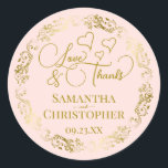 Sticker Rond Love & Merci Elegant Blush Pink & Gold Mariage<br><div class="desc">Ces beaux autocollants rose-rousse sont conçus pour être utilisés comme étiquettes de faveur de mariage, ou comme scellés d'enveloppe pour vos cartes de remerciement de mariage. L'élégant design comporte une bordure dorée en dentelle ornée avec des lettres de script fantaisie "Amour & Merci!" Il y a des coeurs romantiques parsemés...</div>
