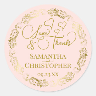 Sticker Rond Love & Merci Elegant Blush Pink & Gold Mariage