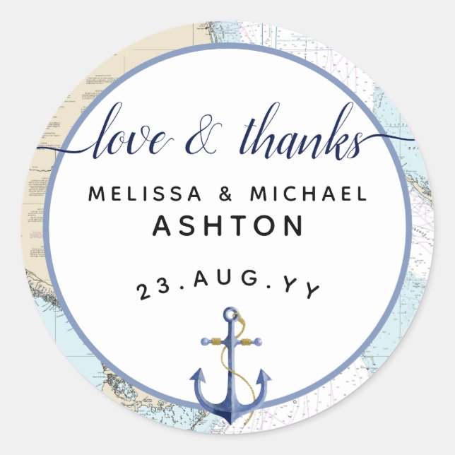 Sticker Rond Love & Merci Mariage de graphique nautique | #Flor (Devant)