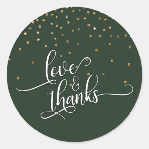 Sticker Rond Love & Merci Script, Gold Confetti et À feuillage