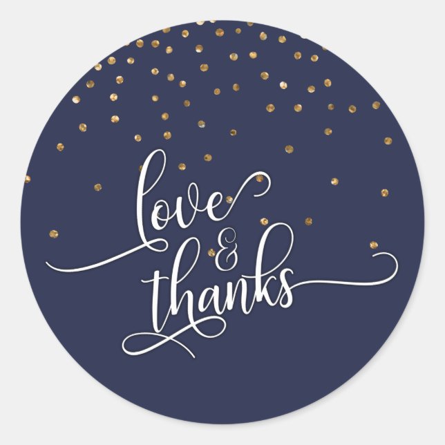 Sticker Rond Love & Merci Script, Gold Confetti et Navy Blue (Devant)