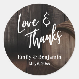 Sticker Rond Love & Merci Typographie Décontractée avec tonneau