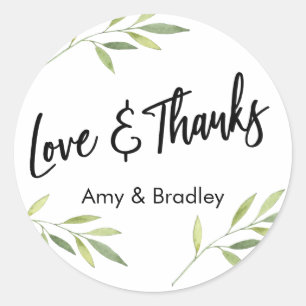Sticker Rond Love & Merci Typographie, Green Watercolor Foliage