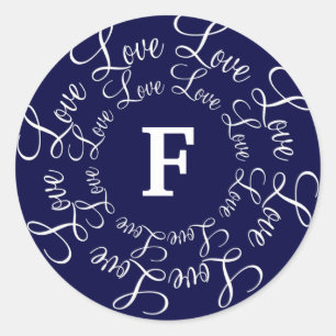 Sticker Rond Love Navy Blue White Monogramme F Personnaliser