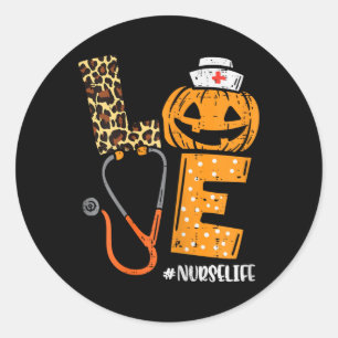 Sticker Rond Love Nurse Citrouille Leopard Automne Halloween Th