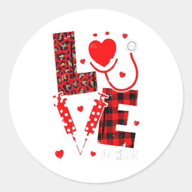 Sticker Rond Love Nurse Life Valentine Day Leopard Plaid Red He (Devant)