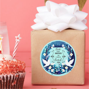 Sticker Rond Love One Another Blue and White Doves