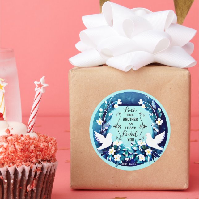 Sticker Rond Love One Another Blue and White Doves (Fête)